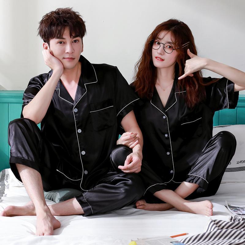 Paar Pyjama Set: Damen Eis-Seide Sommer & Herren Imitationsseide Langarm Homewear