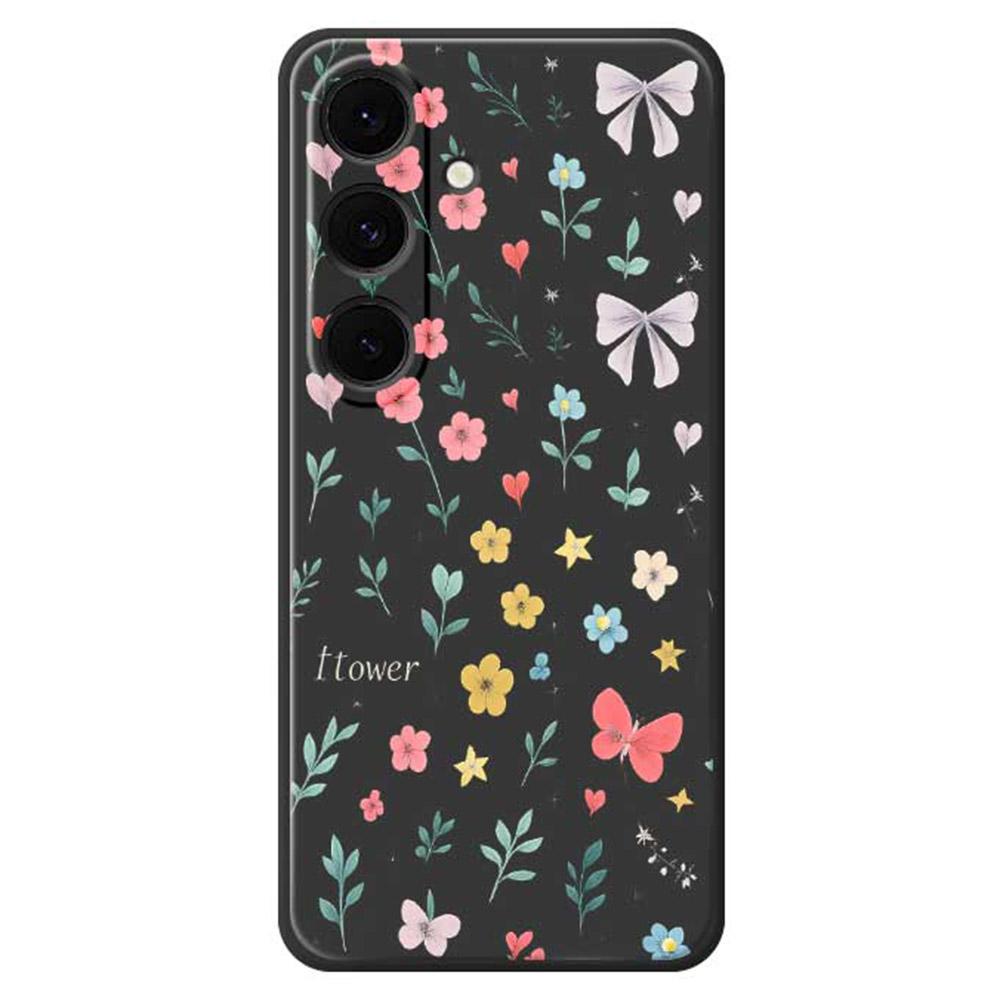 

For Samsung Galaxy S25+ Case Floral Bow Pattern Printing Straight Edge TPU Phone Back Cover Black