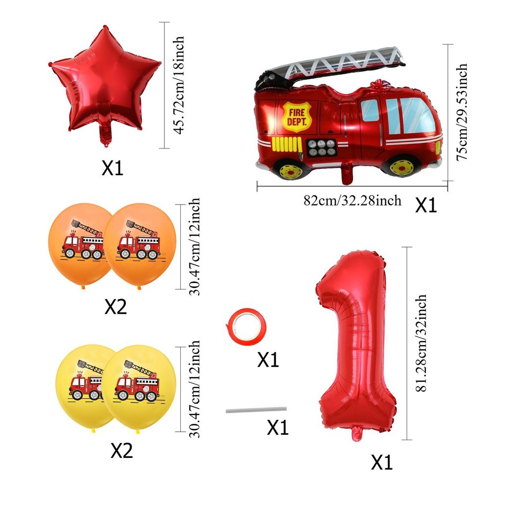 Fire Truck Aluminum Film Digital Balloon 7Pcs Birthday Party Decoration Balloon Venue Arrangement Set