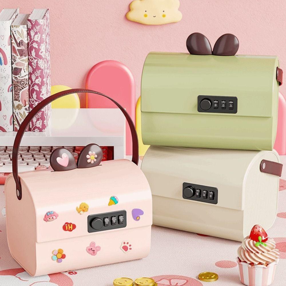 Large Capacity Bunny Ears Storage Box Plastic Material Multi-functional Kids Savings Box Cartoon Design Lockable Feature