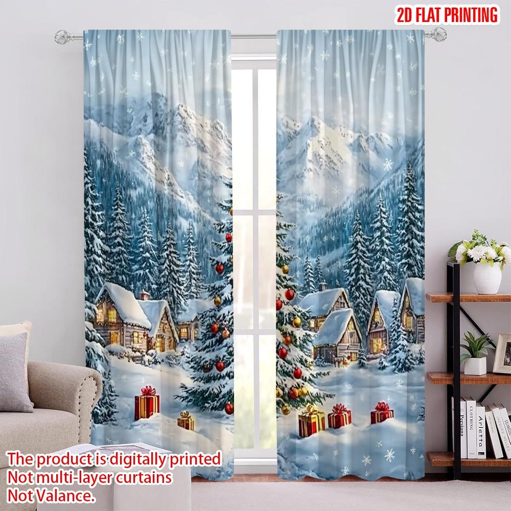 

Set Of 2 Flat Printing Christmas Party Curtain Polyester Without Electricity Holiday Decorations Perfect Made W100*H70(CM)-Hooks&1PCS