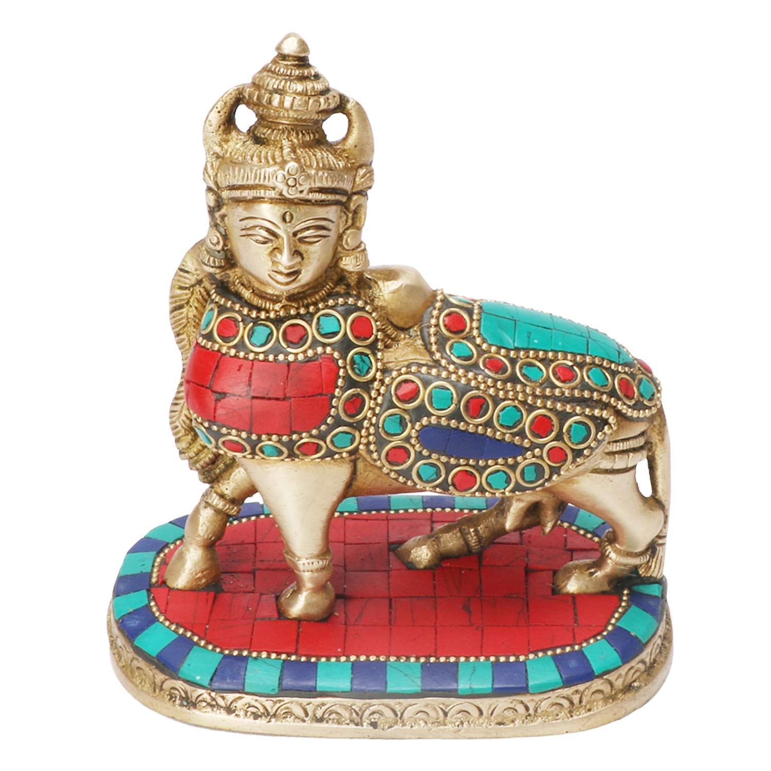 

Kamdhenu Cow God Idol, Religious, Multicolor Gemstone Handwork Sculpture, Brass