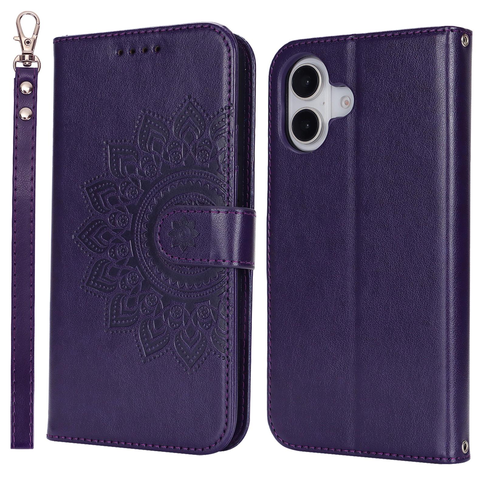 

For iPhone 16 Stand Case Textured Leather Wallet Phone Cover with Strap Dark Blue