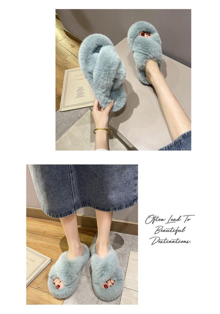 2025 Women's Open Toe Cross-Strap Fur Slippers: Autumn/Winter Fashion, Thick Sole, Height Boosting