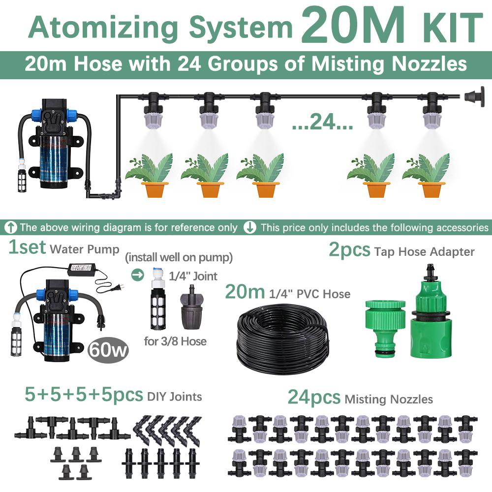 30-10m 60W Self-priming Pump Kit Misting Cooling System 1/4" 4/7mm Adjustable Nozzle Atomizer Sprayer Garden Irrigation Watering