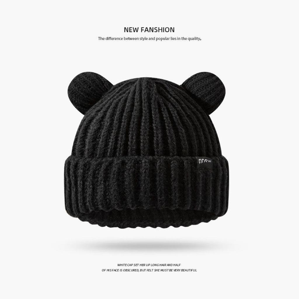 Gorro de malha de orelha de gato para mulheres, quente no outono e inverno, proteção de orelha espessada, fofo no inverno, pequeno gorro de lã para estudantes