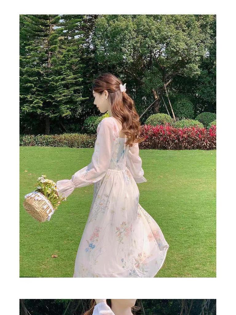 2025 Floral Chiffon Tea Dress: Sweet Long Sleeve French Princess Style