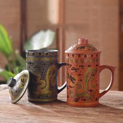 Tekopp med infuserare och lock Handgjord handmålad drakeskönhet Lila temugg av lera Keramisk vattenmugg Dryckesgods