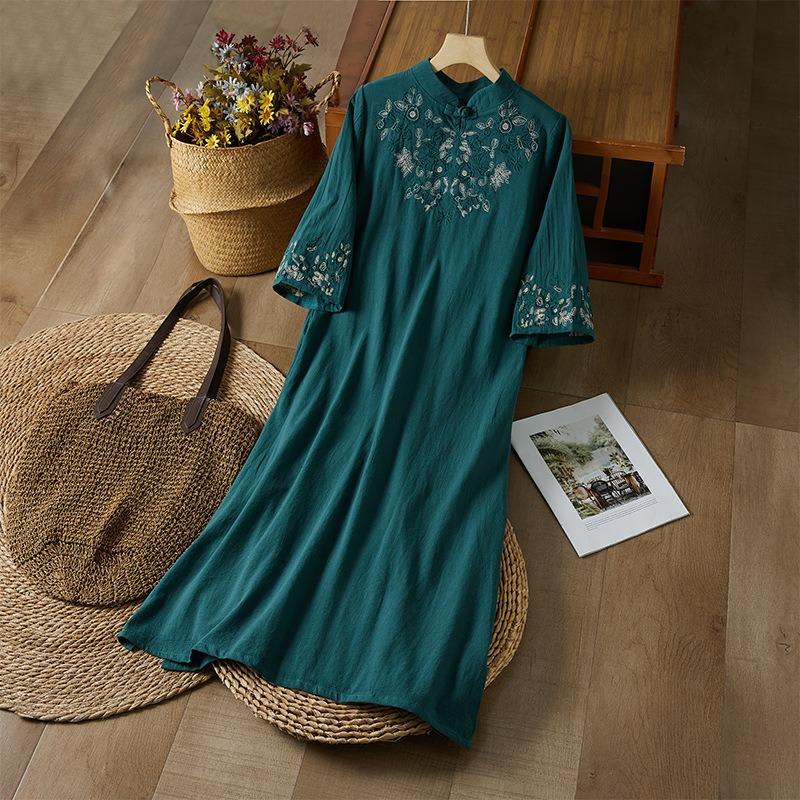 Women Floral Embroidered Mandarin Collar Half Sleeve Linen Blend Cheongsam Style Maxi Dress
