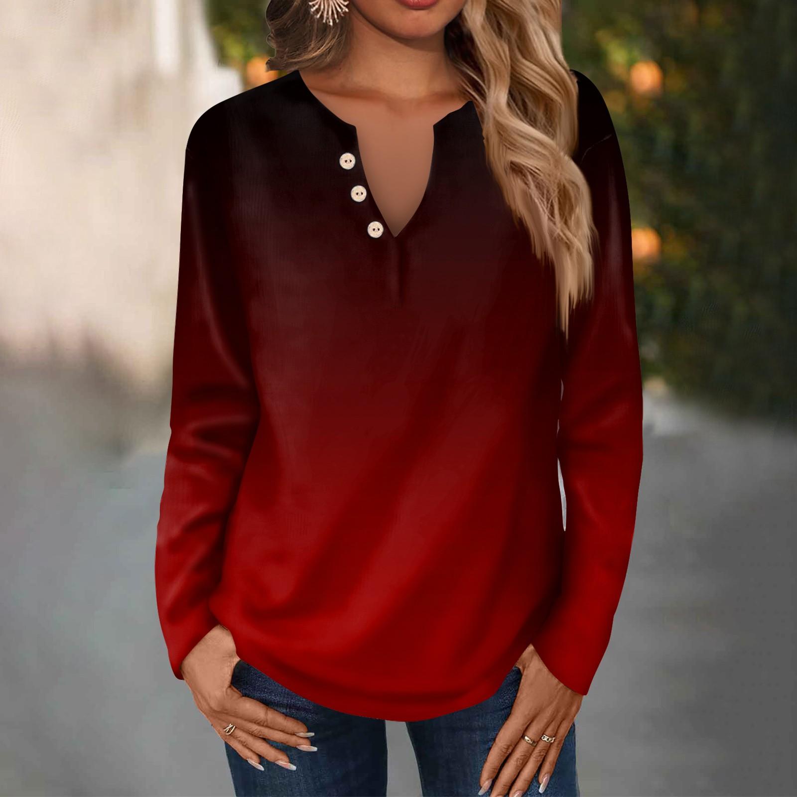 Женская модная повседневная свободная футболка с v-образным вырезом и длинным рукавом — фото 14