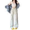 Autumn Women Loose Wide-Leg Pants Jeans Cargo Pocket Design Versatile High Waist Slimming Drape Mopping Pants