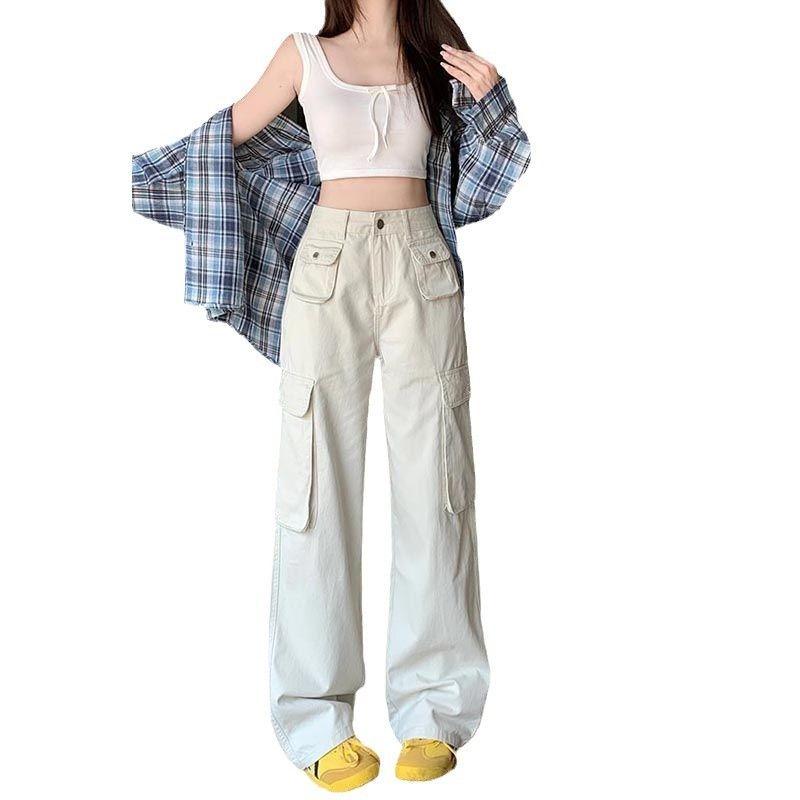 Autumn Women Loose Wide-Leg Pants Jeans Cargo Pocket Design Versatile High Waist Slimming Drape Mopping Pants