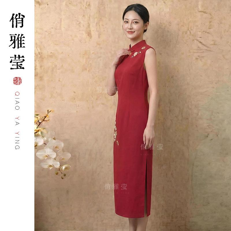 [Red Luan Embroidery] Festive red embroidery heavy industry dress new Chinese style buckle national style women's dress cheongsam