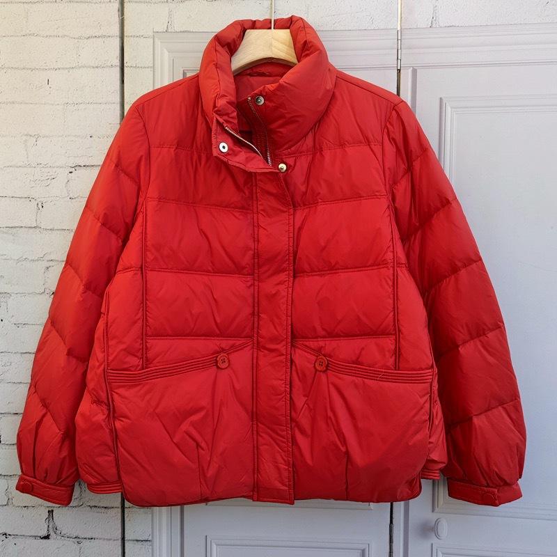 Down jacket women's loose stand-up collar fashionable versatile short literary and retro winter white duck down warm jacket
