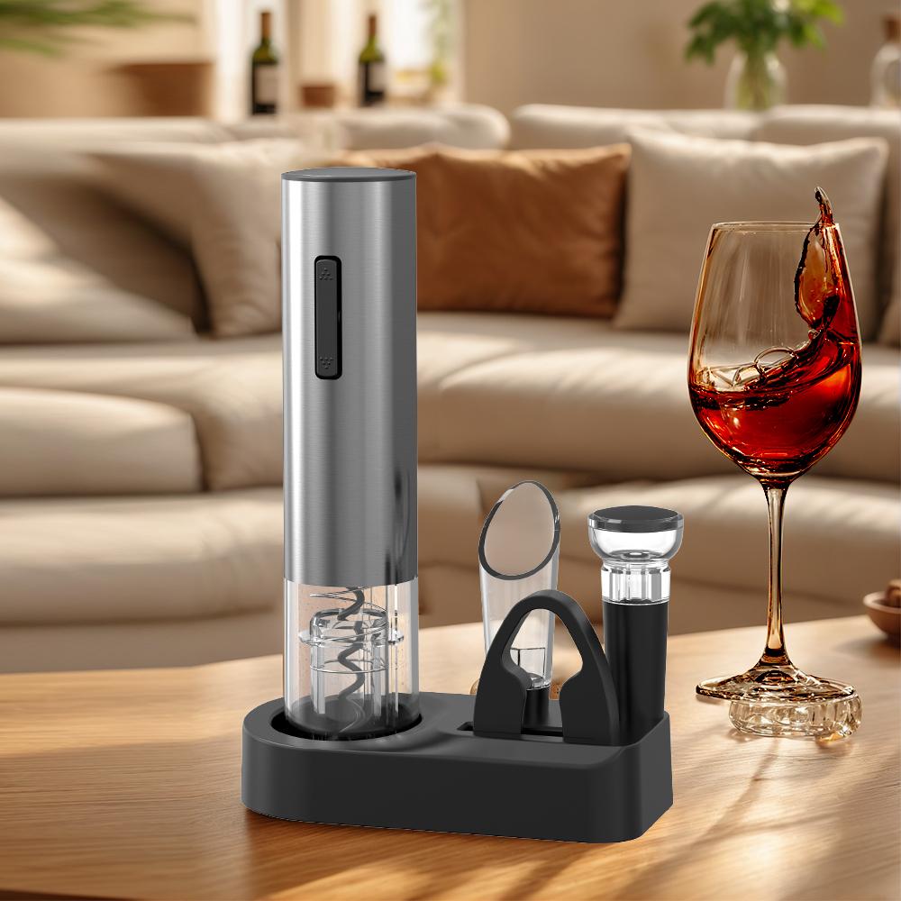 Factory ABS PC Steel 25W Rechargeable Wine Kit Foil Cutter Electric Corkscrew Pourer Vacuum Stopper Base Home Electric Corkscrew