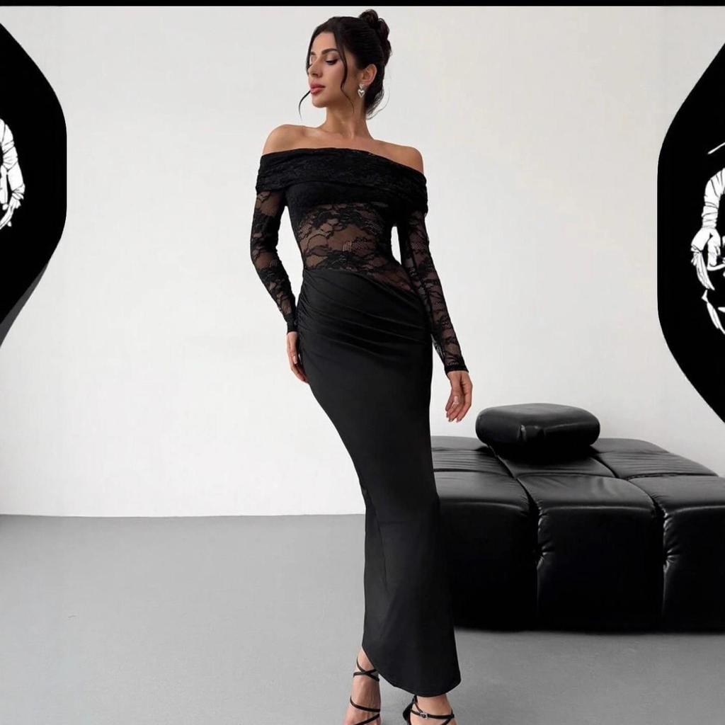 European & American Off-Shoulder Lace Long-Sleeve Dress - Sexy, High-End, Hip-Hugging Summer Style