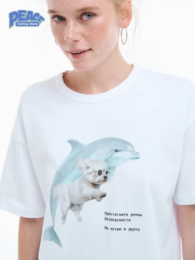 Cute Dolphin and Dog Printed T-shirt 100% Cotton T-shirt Women's Clothing Summer Fashion Casual Comfy Short Sleeve Top Vintage