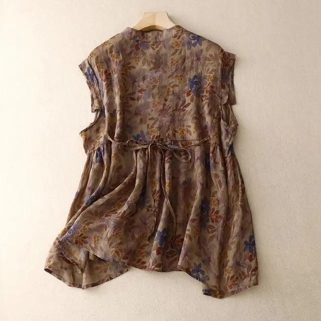 Sleeveless Vest Floral Printing Vintage Linen O-Neck Single Breasted Women's Blouse Shirt Female Clothing Tops