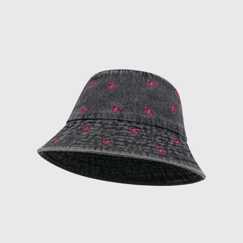 Korean Sweet Butterfly Embroidered Denim Fisherman Hat Women Wide Brim Show Face Small Spring Summer Sun Basin Bucket Hat