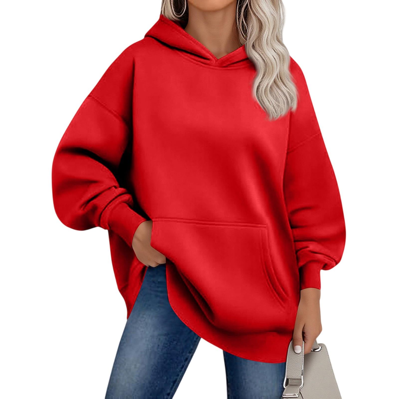 

Женские худи оверсайз из флиса, толстовки с длинным рукавом, пуловеры с карманом XL красный