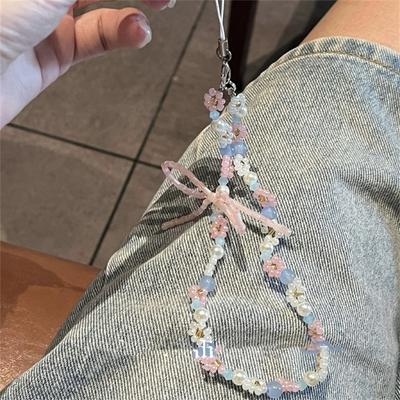 Cute Bowknot Beaded Phone Lanyard Simplicity Short Phone Strap Kawaii Style Phone Earphones Backpack Chain Pendant Accessories