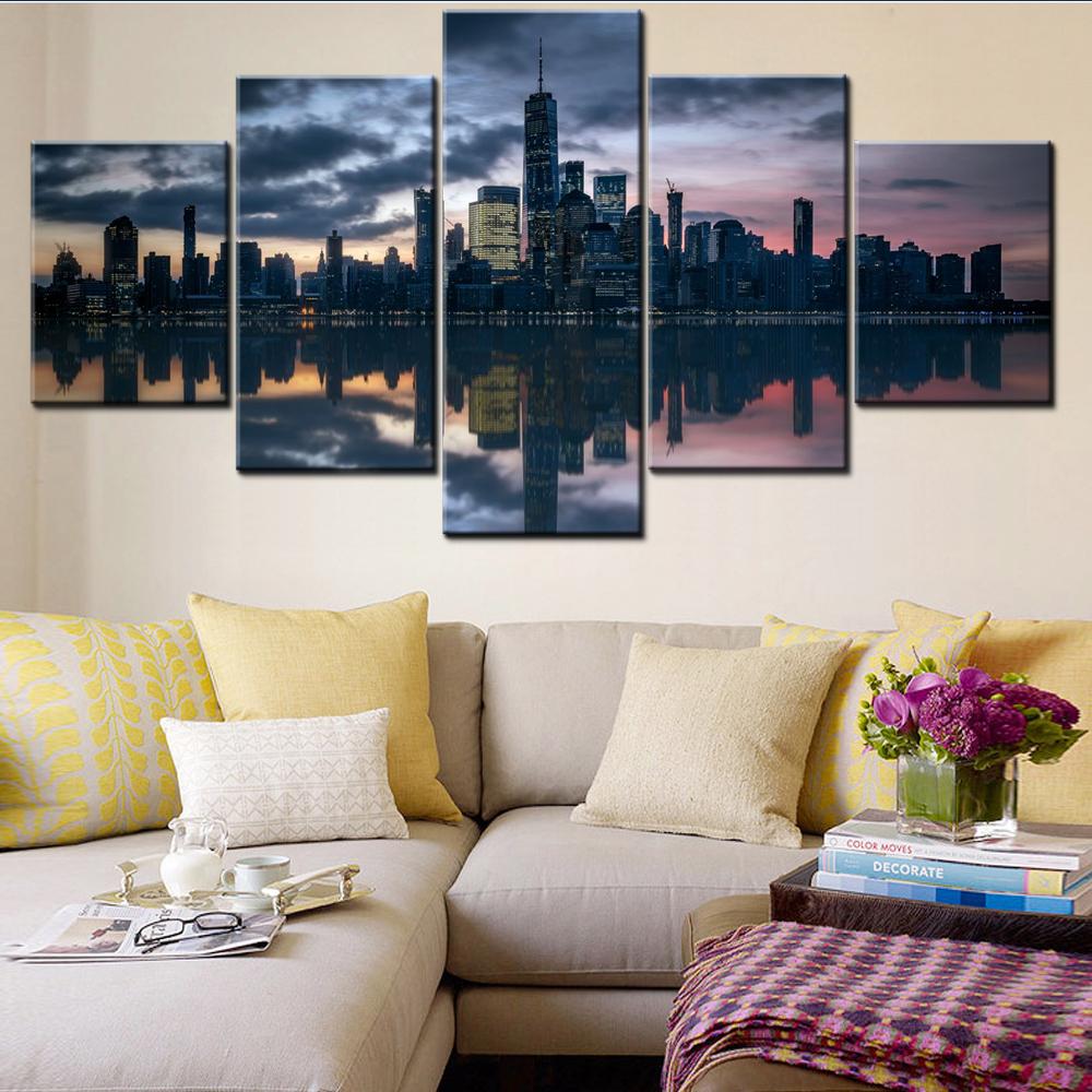 

5 Pieces Wall Arts Poster Painting Landscape World Manhattan Skyline Hudson River Wallpaper Home Decor Picture Printing Artwork 20X35 20X45 20X55CM