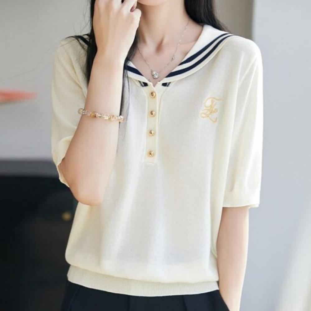 Navava Women Embroidered Button Collar Short Sleeve Knit Tee Nk3708