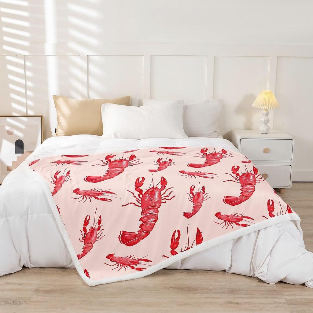 Red Lobster Pattern Blanket Soft Fleece Throw Seafood Theme Decor Fun Gift for Kitchen Living Room Bedroom