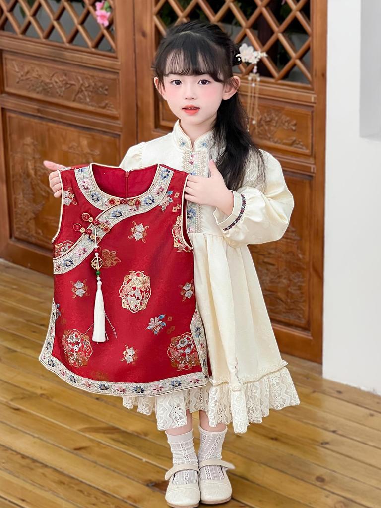Girls' Retro Chinese Style Autumn Suit - Waistcoat & Dress Two-Piece Set