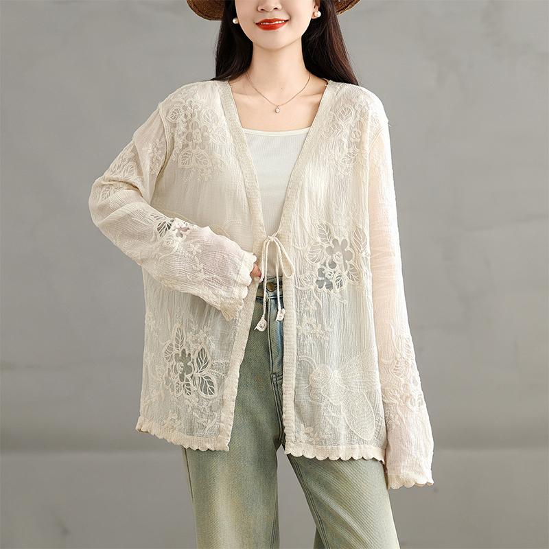 

DIMANAF 2025 Женское Летнее Пальто Большого Размера Длинный Рукав Ажурный Кардиган Кружевная Мода Свободные Новые Куртки One Size