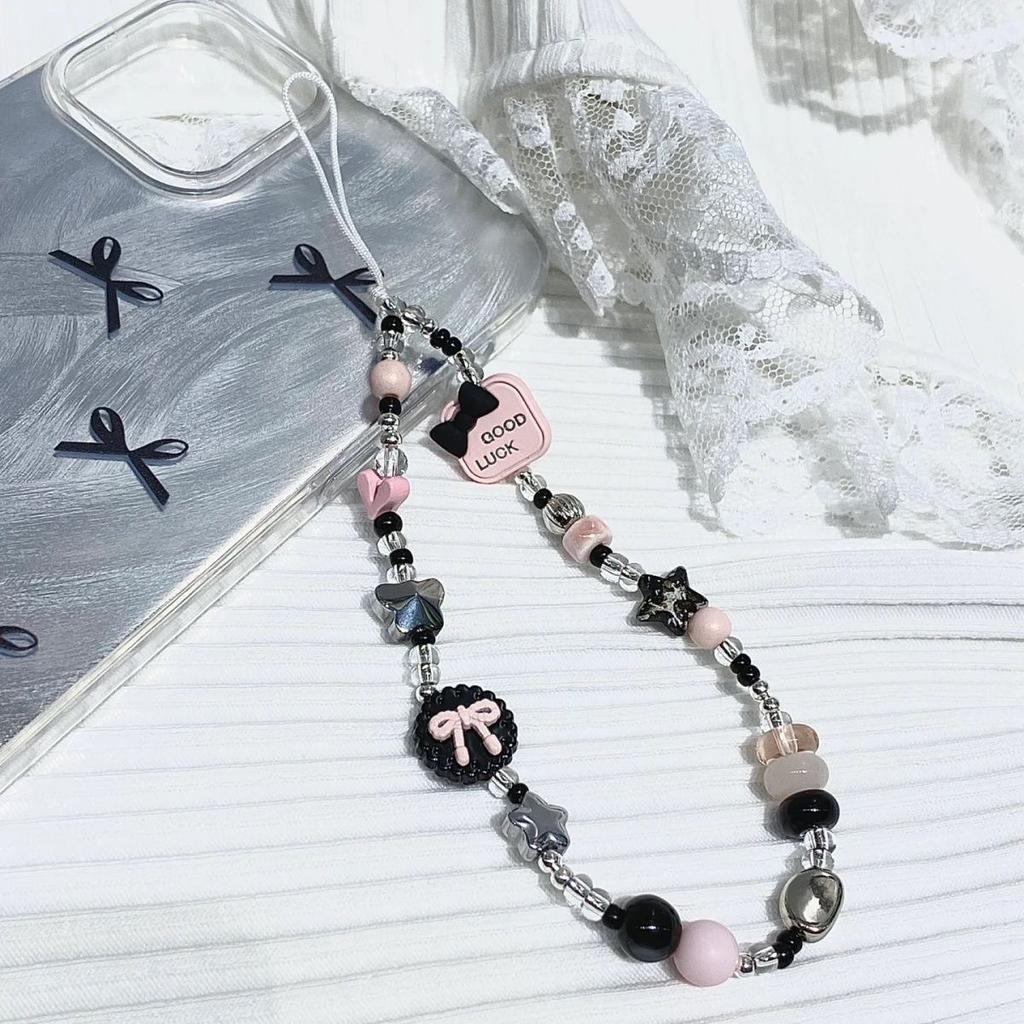 Original Ins Sweet Cool Pink and Ink Color Beaded Hot Girl Phone Chain DIY Lanyard Chain CCD Camera Pendant Hanging Chain