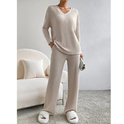 Fashion Elastic Two Piece Set for Women's Autumn Winter Pants Suits Casual Straight Leg Pants Set Loose V-neck Rib Knitted Sets
