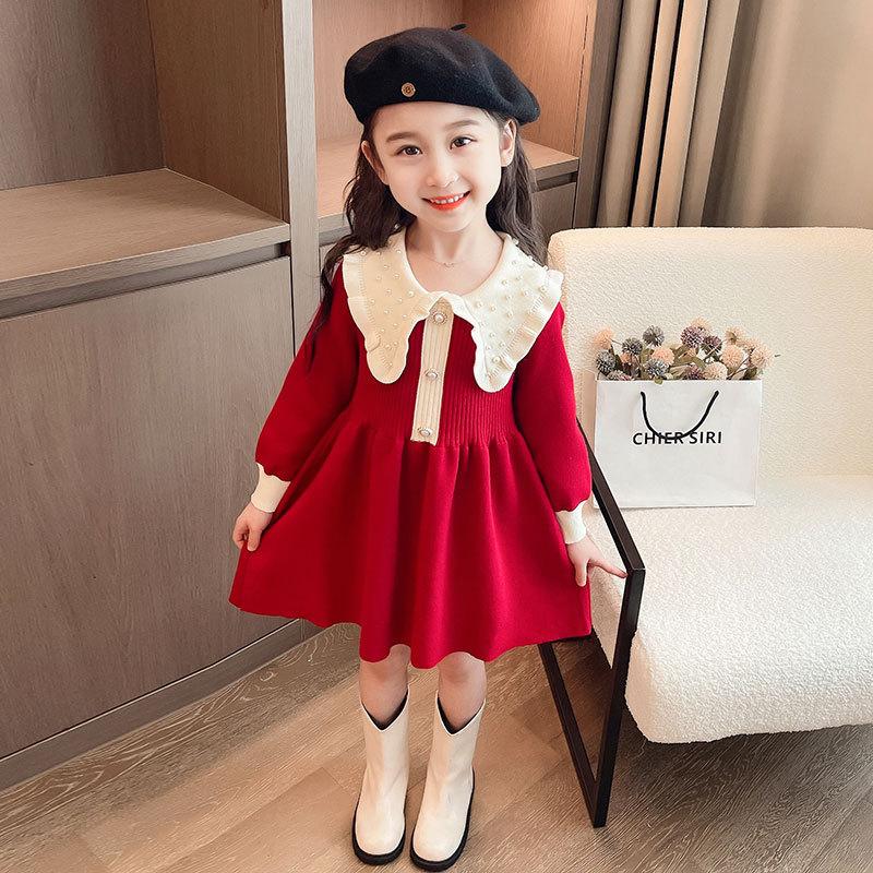Dívčí šaty Nový Podzim Zima Teplý svetr Šaty Dětské Princeznovské šaty Pletené miminkovské šaty ve školním stylu