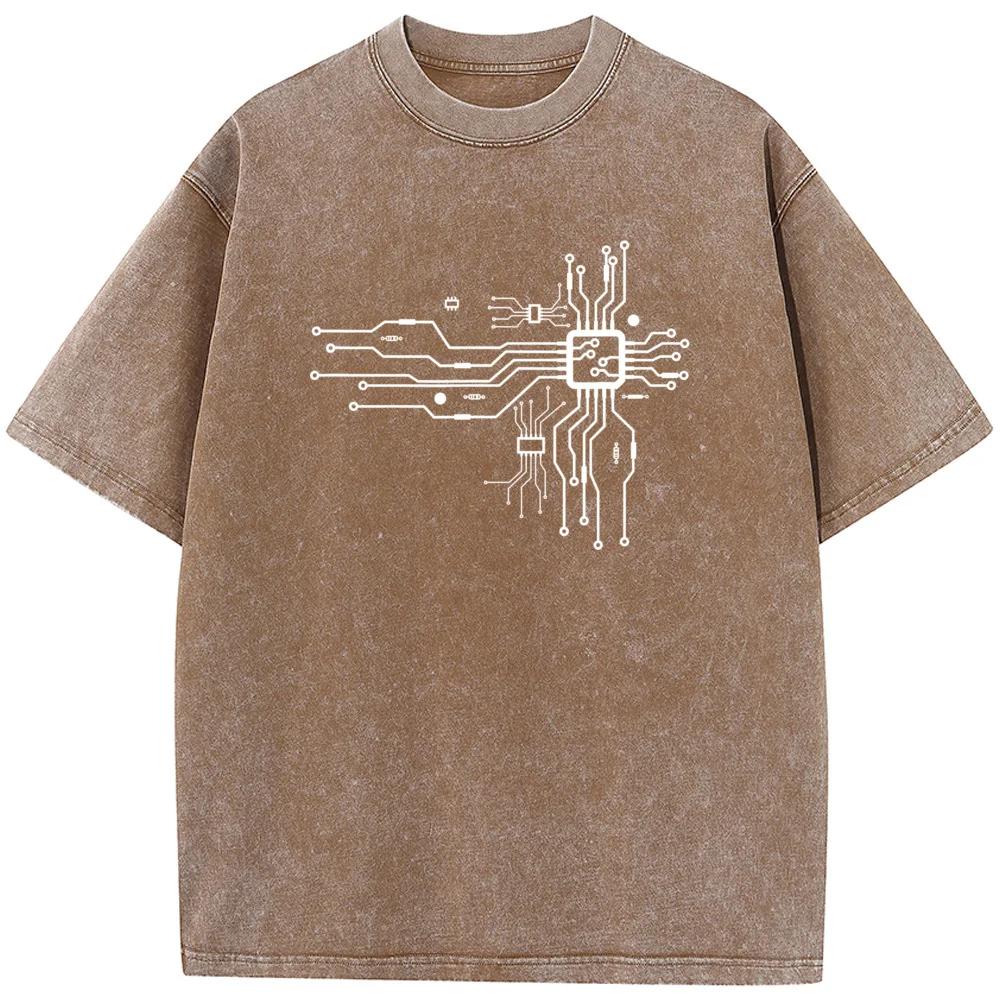 CPU Processing Chip Route Men's Short-Sleeved T-shirt Streetwear Men Washed T-shirts Vintage Colored Mens T-shirts