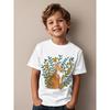 European sizes Kids' Cute Orange Tabby Cat & Floral Print T-Shirt - Soft Breathable Short Sleeve Round Neck Top with Cat & Green Foliage Design
