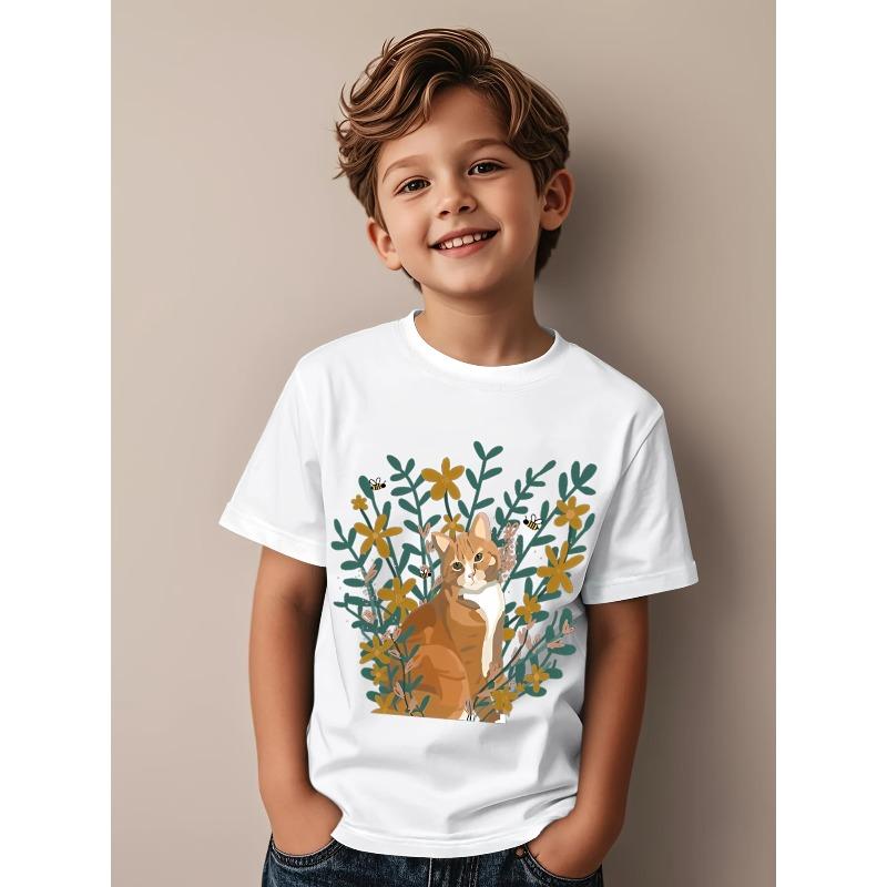 European sizes Kids' Cute Orange Tabby Cat & Floral Print T-Shirt - Soft Breathable Short Sleeve Round Neck Top with Cat & Green Foliage Design