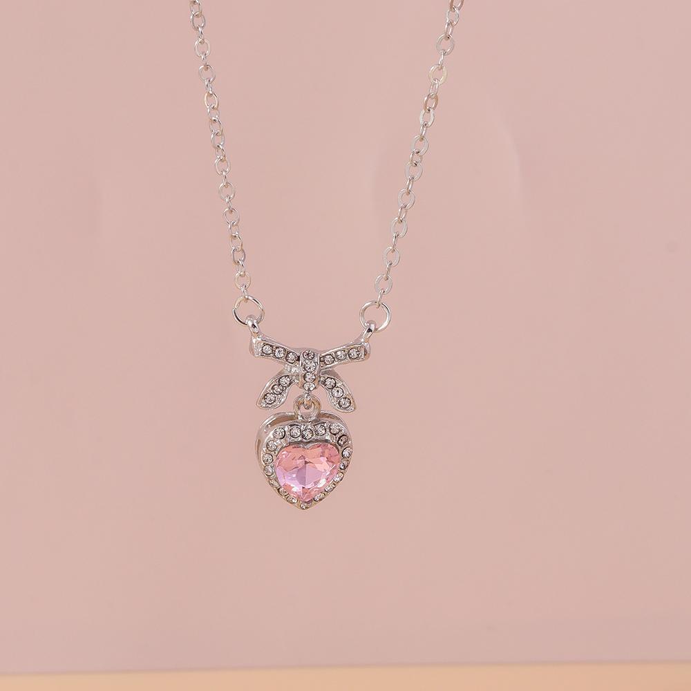 Aihua New Fashion Trendy Crystal Pink Zircon Heart Pendant Necklace For Women Girl Sweet Bowknot Necklace Party Jewelry