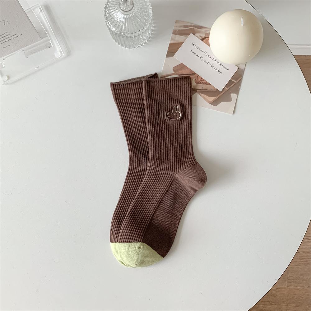 Dongdaemun Women'S Socks Double Needle Cartoon Expression Smiley Face Animal Embroidery Women'S Cotton Socks Medium Tube Socks Stacking Socks