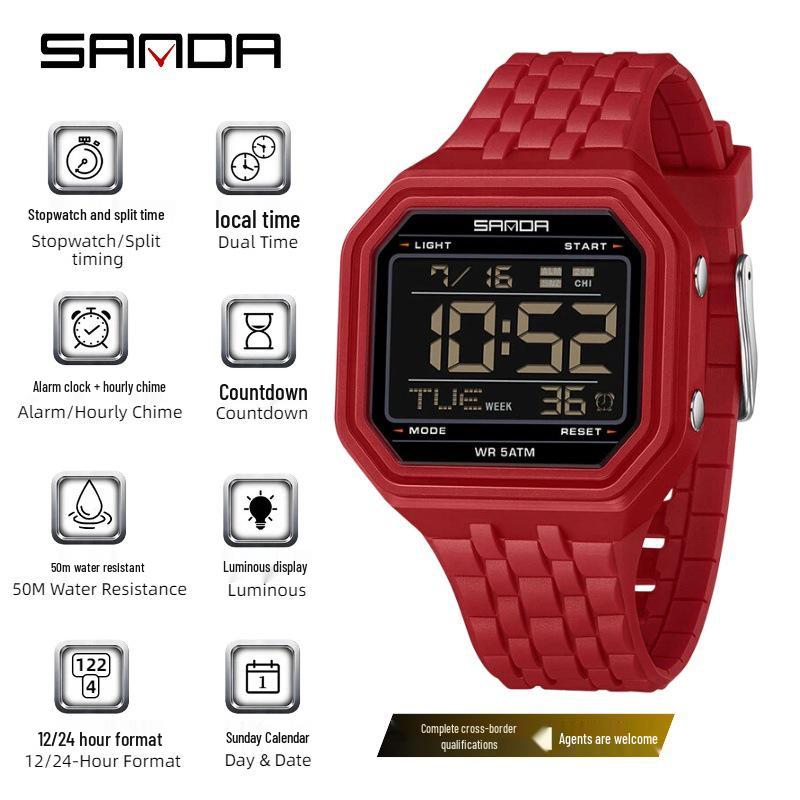 Sanda Creative Square Multifunctional Dual Display Student Watch - Countdown, Alarm, Waterproof, Trendy Electronic Timepiece.