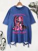 Cute Pink Puppet Rabbit Prints Washed TShirt Womens Cotton T Shirts ONeck Oversized Acid Wash Tops Summer Casual Woman Clothes
