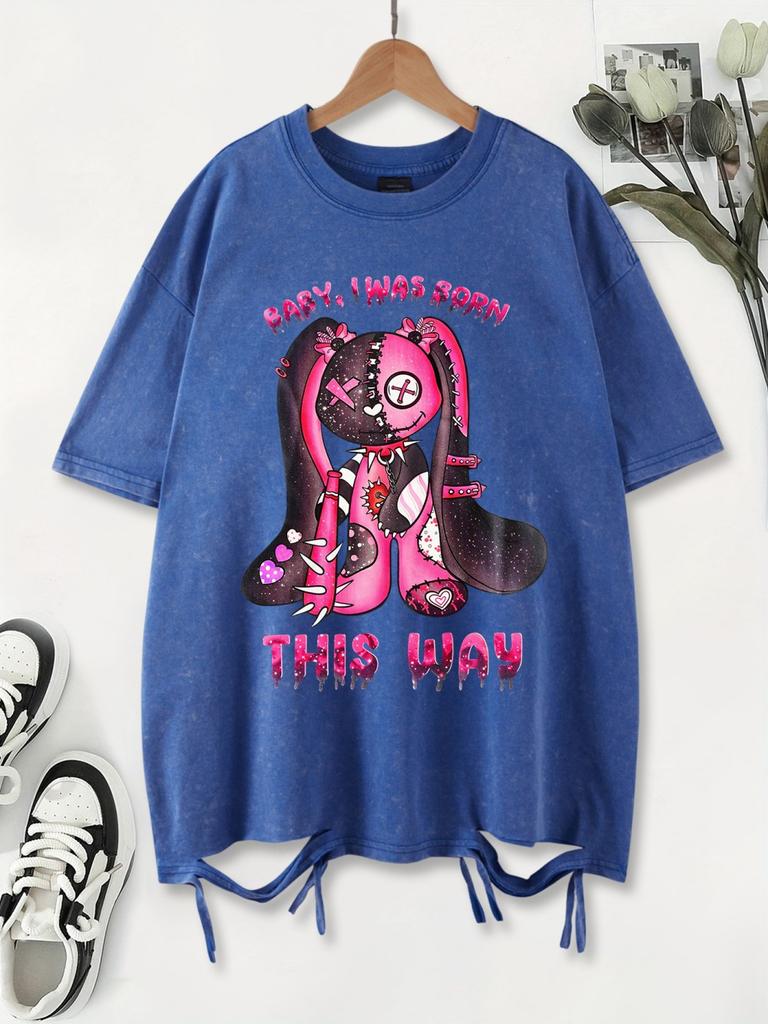 Cute Pink Puppet Rabbit Prints Washed TShirt Womens Cotton T Shirts ONeck Oversized Acid Wash Tops Summer Casual Woman Clothes