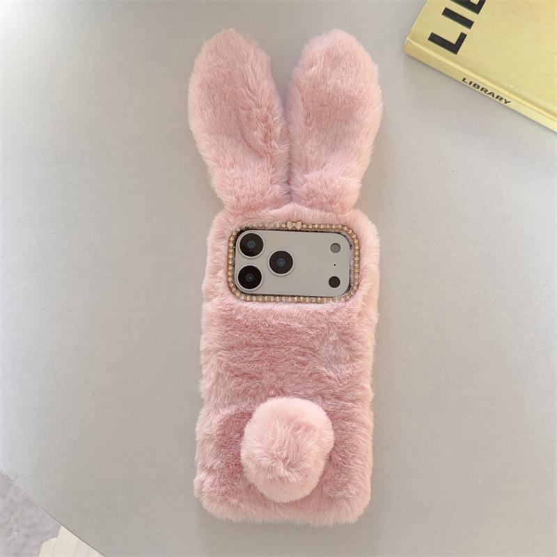 

3D Cute Rabbit Ears Warm Furry Plush Bunny Phone Case For iPhone 17 Air 16 15 14 13 12 11 Pro Max XS XR X Plus Shockproof Cover iPhone 15 Pro Max рожевий