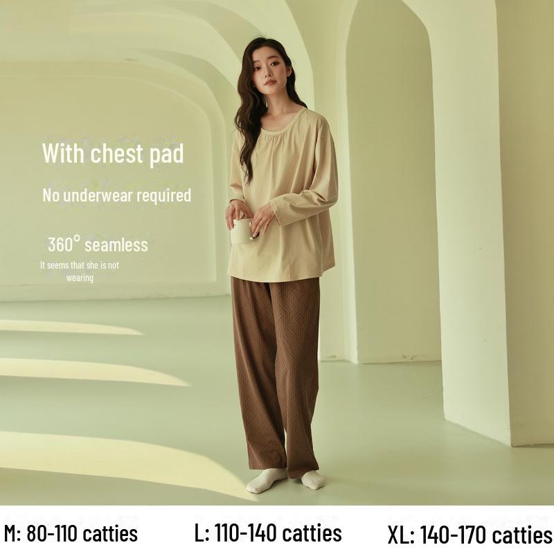 Women's Pure Cotton Long-Sleeve Pajama Set with Chest Pads - Large Size, Spring/Autumn 2025