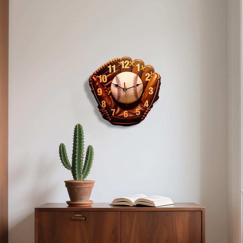 Baseball Glove Wall Clock, Wood Printing, Silent Hands, Uses AA Batteries (Not Included), Brown Leather Design, Living Room, Bedroom, Decor