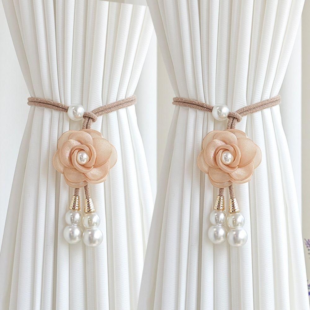 2PCS Adjustable Pearl Curtain Buckle Beautifully Curtains Tie Rope Camellia Curtain Tieback  Home
