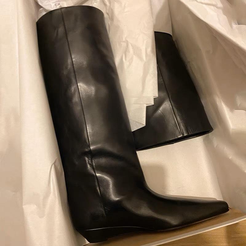 Cowhide version fat mm leather pointed retro high knight boots women's thick heel leather heel is thin but knee long boots