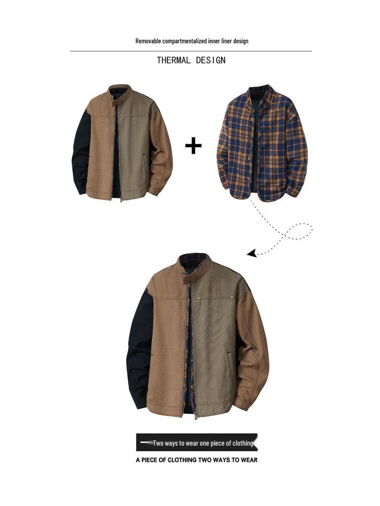 Men's American Retro Patchwork Harrington Jacket - Heavy-Duty, Loose Fit, Autumn/Winter 2025, Color Block Trendy Workwear