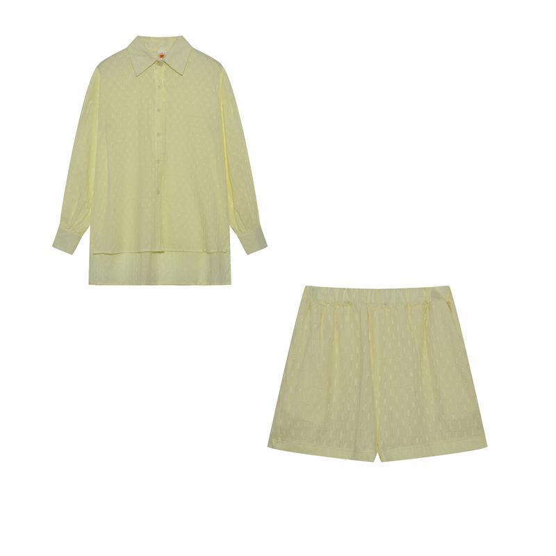Herbst Damen Europa und die Vereinigten Staaten Hemd Set Jacquard Puffärmel Top Shorts Pendler Sinn Lässiger Anzug