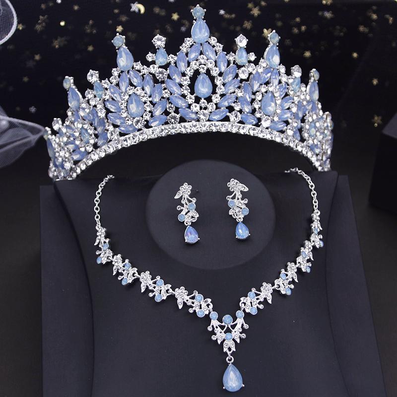 Gorgeous Green Tiaras Jewelry Sets for Women Bridal Wedding Crown Set Party Prom Bride Necklace Earrings Costume Accessory