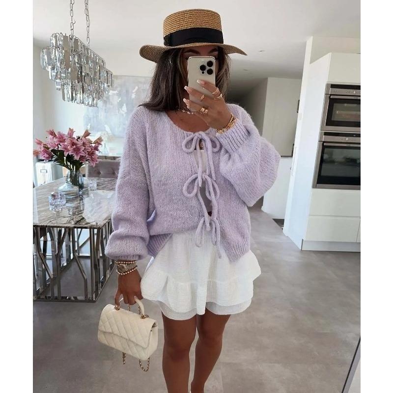 Solid Color O-neck Lace-up Knitted Cardigan Women Autumn Winter Streetwear Casual Simplicity Sweater Coats